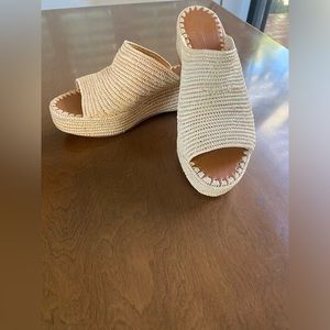 CARRIE FORBES 
Karim Woven Raffia Wedge Slide Sandals - Natural, size 40 or 9